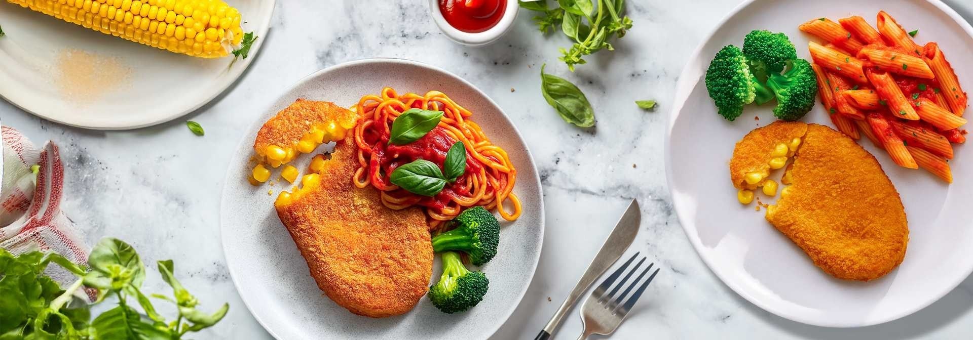 שניצל תירס עם פסטה אדומה וברוקולי בצד