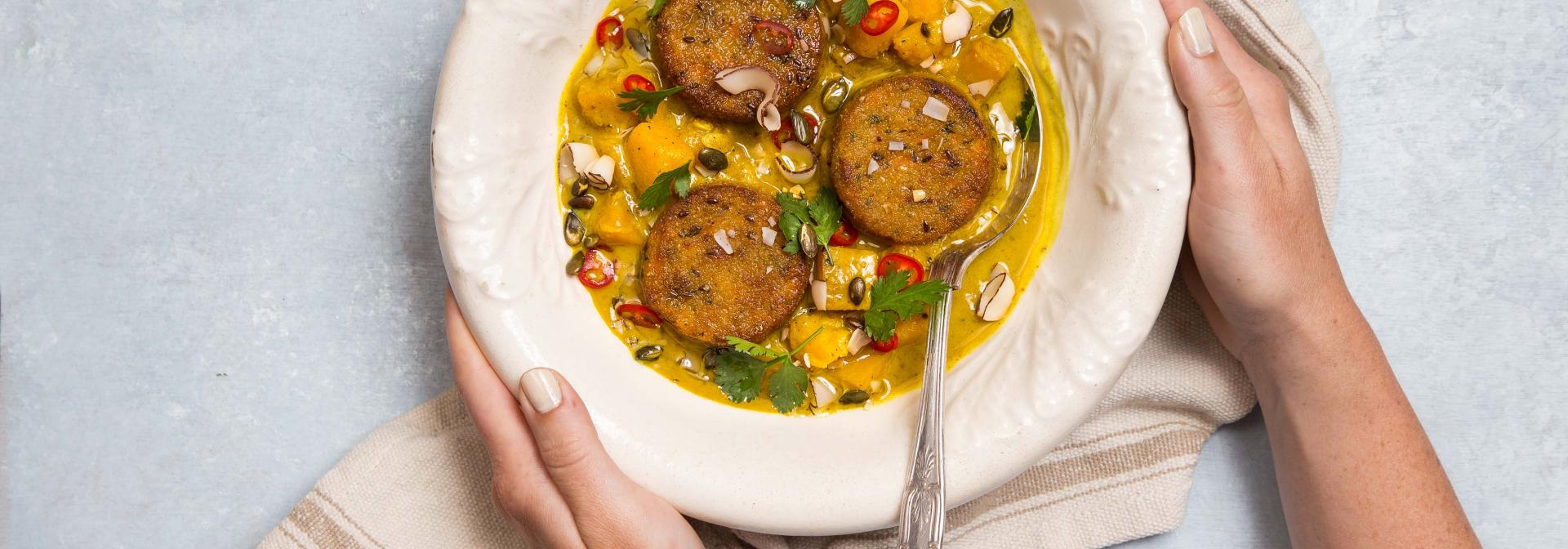 קציצות עדשים טבעול בקארי, דלורית וקוקוס