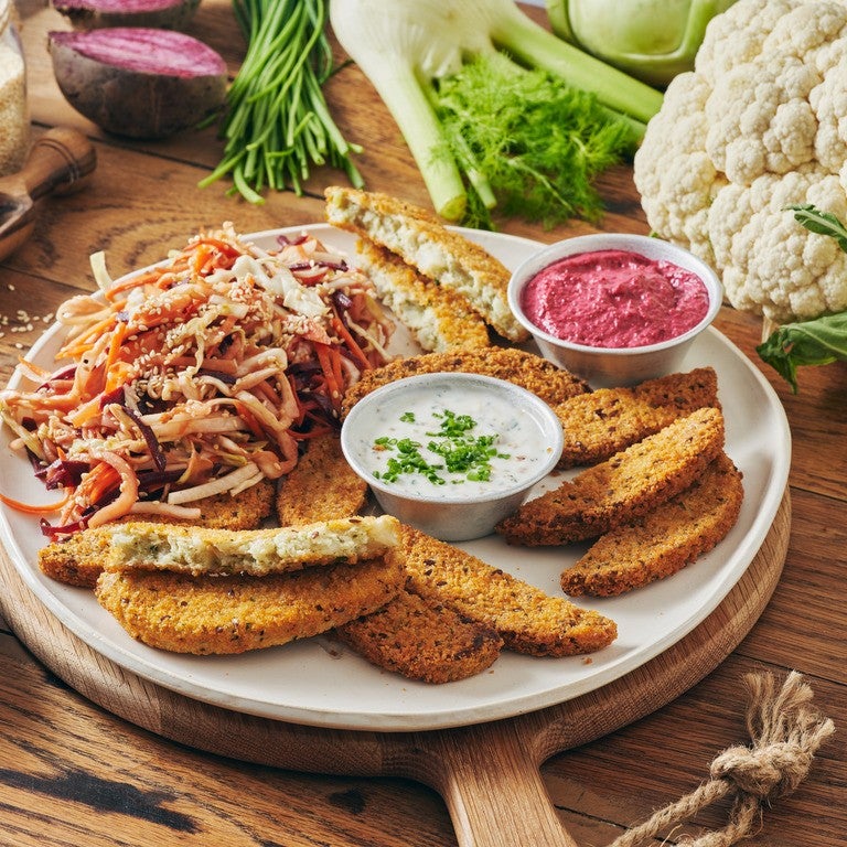 שניצל כרובית 99 קלוריות עם סלט שורשים ומטבלים צבעוניים